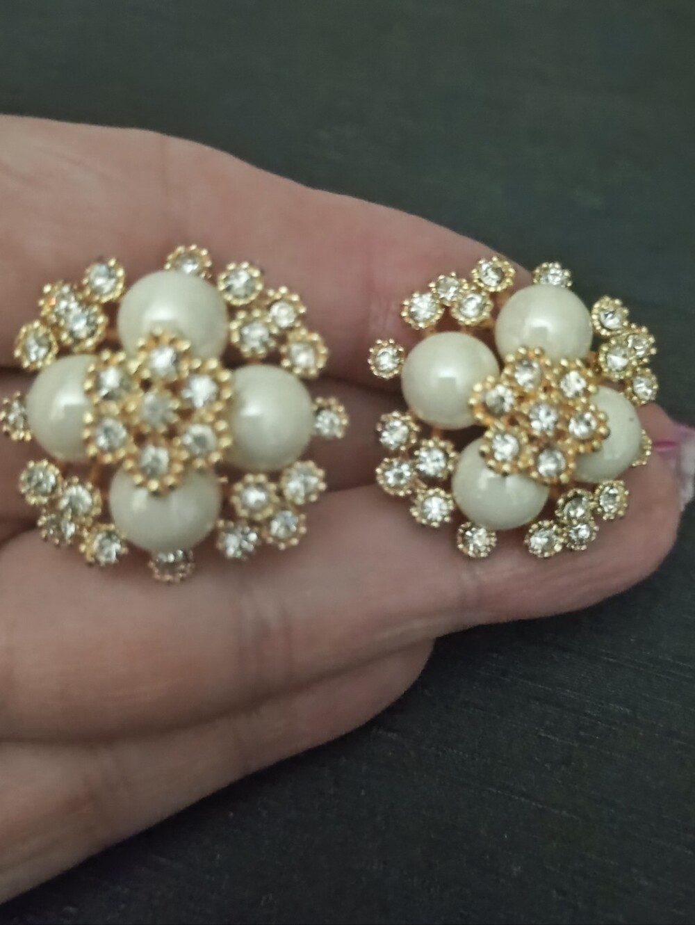 Vintage Gold Floral  Faux Pearl & Crystal Cluster Post  Earrings